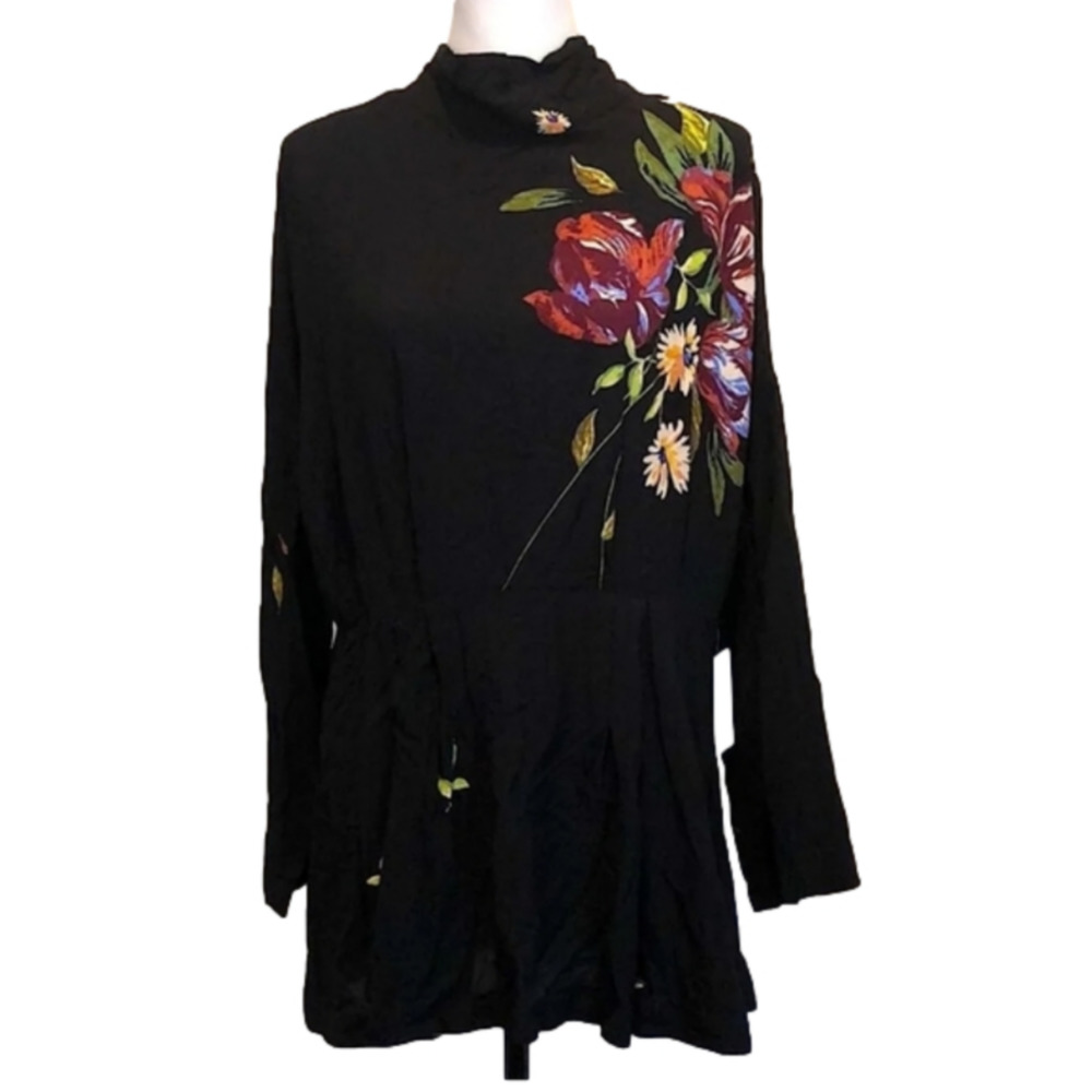 Free People Black Floral Mock Neck Open Back Tie Tunic Dress Long Sleeve M New - Picture 4 of 11